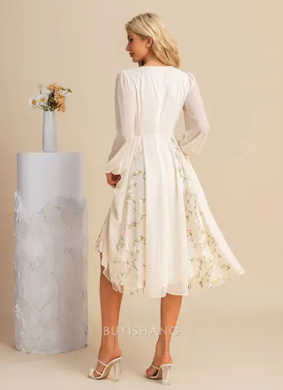 Elegant A-line V-Neck Long Sleeve Floral Embroidered Chiffon Midi Dress Prom Dresses